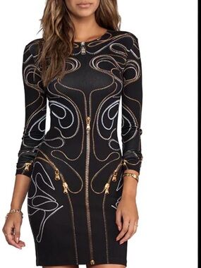 Alexander McQueen Black Long-Sleeve Dress with Gold and White Zip Motif